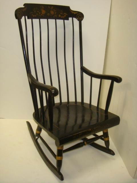 Fruit Stenciled NICHOLS & STONE Salem Rocking Cha: Fruit Stenciled NICHOLS & STONE Salem Rocking Chair: Ebony Finish. Tall Comb Back with Wide Low to the Floor Seat and Tapered Bent Spindles. Hand Decorated Stencil. 14"T at Seat, 44"T at Back. (100-15