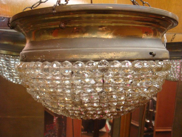Vintage Crystal Beaded Basket Chandelier: Vintage Crystal Beaded Basket Chandelier: 1920's Fixture with One Light, a Spot For a Second to be Added. Suspended from Chains. Could Also be Ceiling Mounted by Brass Frame. 15"D. (100-200)