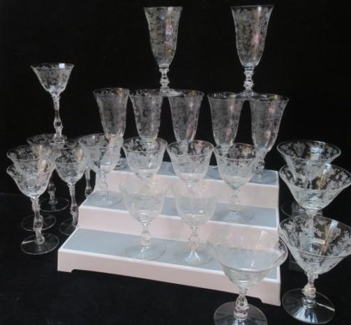 CAMBRIDGE Rose Point Etched Glassware, 23 Pieces:: CAMBRIDGE Rose Point Etched Glassware, 23 Pieces: CA 1934-1958. Includes Four 4 3/4"T Sherbets (One with Chip), Six 4 1/2"T Oyster or Fruit Cocktail Stems, Six 6"T Wine Glasses, Seven 5 3/4"T Juice Gl