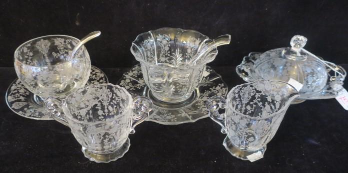 CAMBRIDGE Rose Point Etched Serving Pieces:: CAMBRIDGE Rose Point Etched Serving Pieces: Includes 6 3/4"T Round Butter Dish with Lid, Two Styles of Mayonnaise Bowls (One is Fostoria) with Under plates and Ladles, Sugar and Creamer. (200-400)