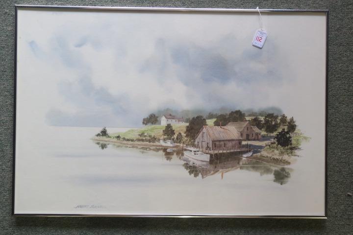 J ROBERT BURNELL, Watercolor, Rural Landscape:: J ROBERT BURNELL, Watercolor, Rural Landscape: Prolific LISTED Virginia Artist & Teacher 1929-2021 With a Family Tradition in the Waterways of Tidewater. Docks and Workboats Predominate to the Right w