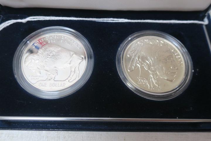 2001 AMERICAN BUFFALO COMMEMORATIVE 2 Coin Set:: 2001 AMERICAN BUFFALO COMMEMORATIVE 2 Coin Set: 2001P Proof Silver Dollar and 2001D Silver Dollar Uncirculated, Each 90% Pure Silver. In US Mint Display Box and Packaging with Certificate of Authentic