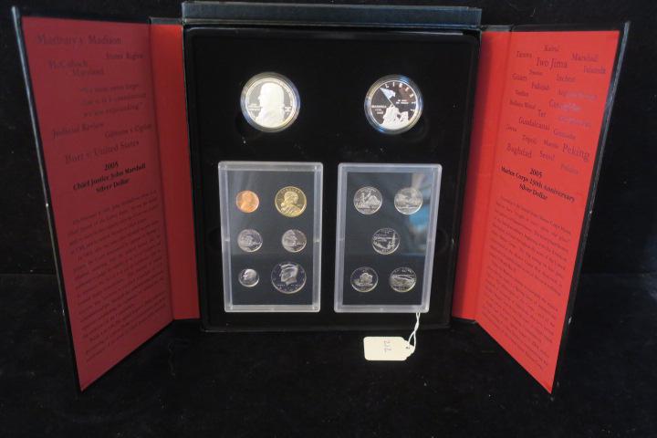 2005 US MINT AMERICAN LEGACY COLLECTION:: 2005 US MINT AMERICAN LEGACY COLLECTION: Proof Marine Corps 230th Anniversary and John Marshall Commemoratives and 2005-S Proof Set in Display Box with History. Redbook Value $100, Starts at $70.00. (