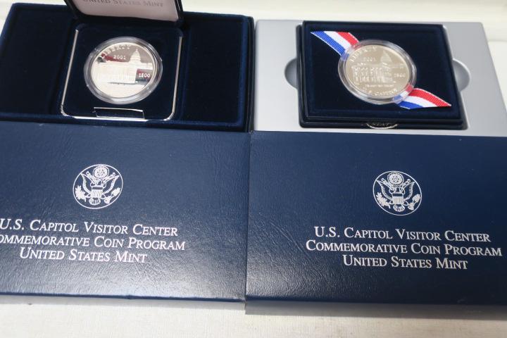 Two 2001 US CAPITOL VISITOR CENTER US COMMEMORATIVES:: Two 2001 US CAPITOL VISITOR CENTER US COMMEMORATIVES: Two 90% Pure Silver Commemorative Dollar Coins, One Proof and Other Uncirculated. In US Mint Packaging and Display Boxes with Certificates or Auth