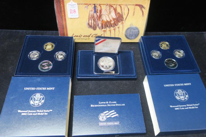 LEWIS & CLARK SILVER DOLLARS AND NICKELS COLLECTION:: LEWIS & CLARK SILVER DOLLARS AND NICKELS COLLECTION: Lewis & Clark Bicentennial Proof 90% Silver Dollar, Lewis and Clark Coinage and Currency Set with Uncirculated 90% Silver Dollar, 2004D Sacagawea G