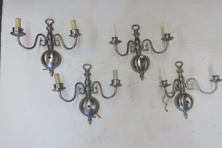 4 Vintage Colonial Style Electric Pewter Look Sconces:: 4 Vintage Colonial Style Electric Pewter Look Sconces: Four 2 Light Sconces have Paper Labels "Nulco MFG Corp, Pawtucket, RI" and Stamped M.C. CO. 3023 GIM. 13 1/3"T, 13 1/2"W. (100-200)