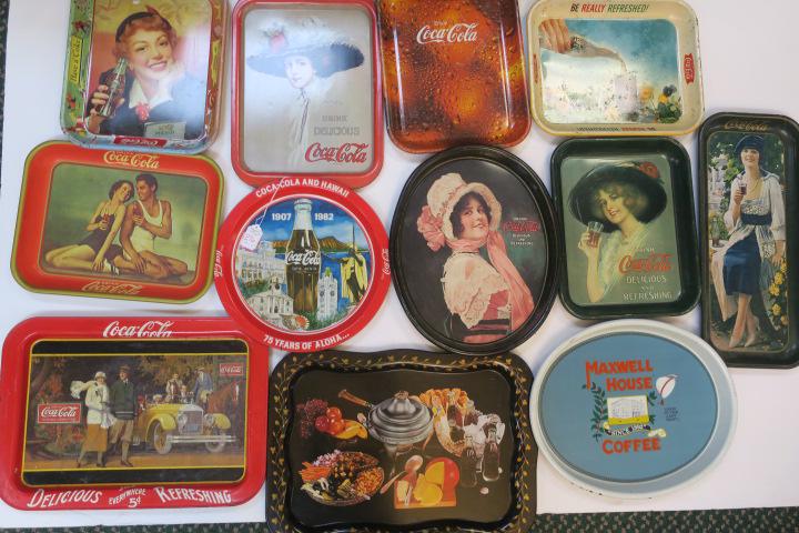Collection of 12 Vintage and Repro Coca-Cola Trays:: Collection of 12 Vintage and Repro Coca-Cola Trays: Round and Rectangular Tin Trays Measure from (-)