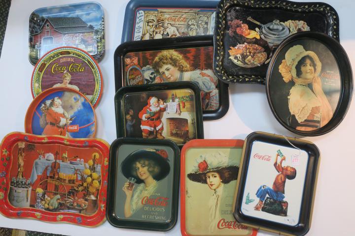 Twelve More Vintage and Repro Coca-Cola Trays:: Twelve More Vintage and Repro Coca-Cola Trays: Round and Rectangular Tin Trays Measure from (-)