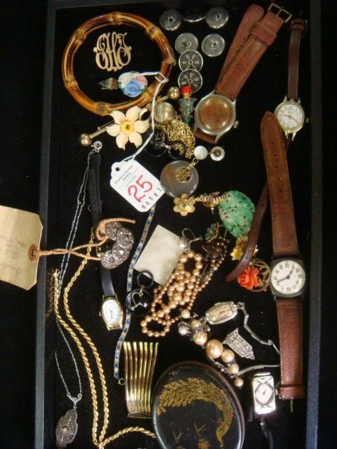 Collection of Vintage Costume Jewelry:: Collection of Vintage Costume Jewelry: Steel Cut Buttons, Ladies and Men's Watches (Timex Hamilton, Elgin, Seeland), Enamel Pins, Monet Necklace Sterling & Jade Pin, Screw Back Earrings, Bar, Coral & 