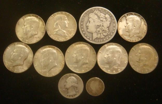 US Silver Coins Dollar, Half's, Quarters and Dime: US Silver Coins Dollar, Half's, Quarters and Dime: 1890O Morgan Dollar, 1962 Franklin, pair of 1964 Kennedy Half, 1943 Washington Quarter, 1913 Barber Dime and 5 Kennedy Silver Clad (40%). (90-150)
