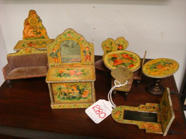 1873 Handmade 1/2" to 1' Doll House Furniture: 1873 Handmade 1/2" to 1' Doll House Furniture: 10 Pieces with Floral and Figural Transfers. Given as Christmas Gift. Chest, Dresser, 2 Tables, 4 Chairs, Sofa and Hall Bench. Needs 2 Legs. (140-240)