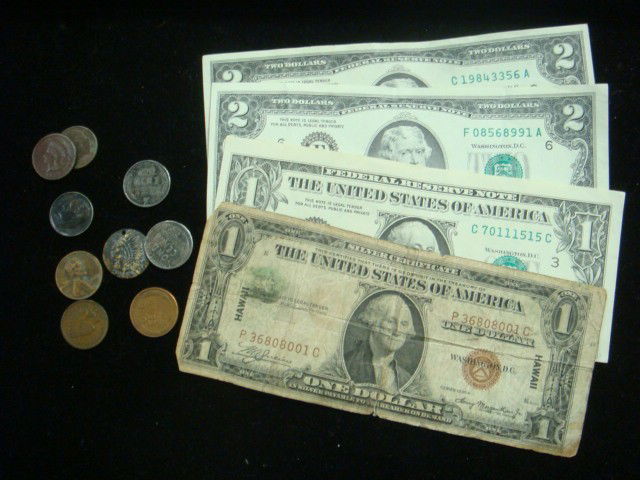 US Coins and Currency: US Coins and Currency: Silver Certificate, Miss Cut Bill & Two 2 Dollar Bill Two Indian Heads, a Steel and 2 Wheat Pennies. Silver Certificate is a HAWAII Dollar from World War II. (40-100)