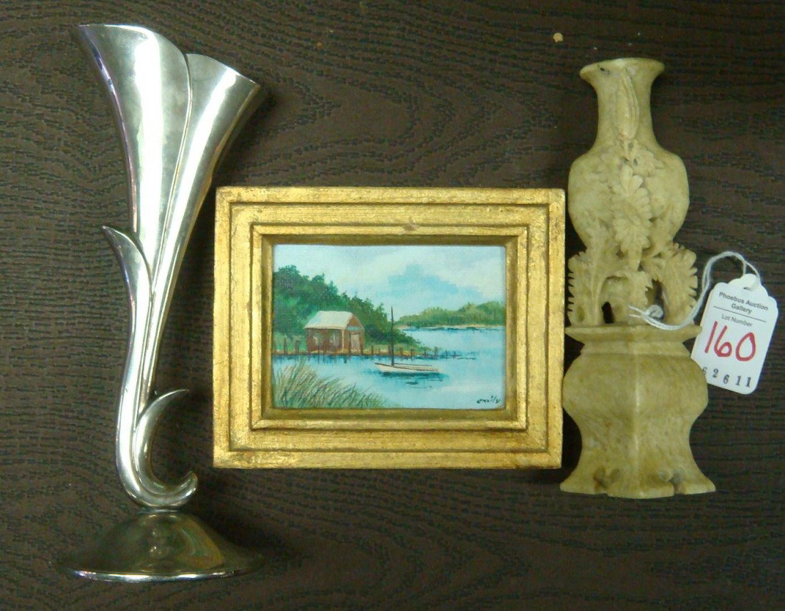 EMILY WHALEY Mini Painting, Chinese Carving, SP Va: EMILY WHALEY Mini Painting, Chinese Carving, SP Vase: Whaley, S Carolina Artist, 1911-98, Signed LR. Soapstone Carved Corner Vase is 6"T. Flower Form Silver Plate Vase on Round Foot is 7 1/2"T. (50-10