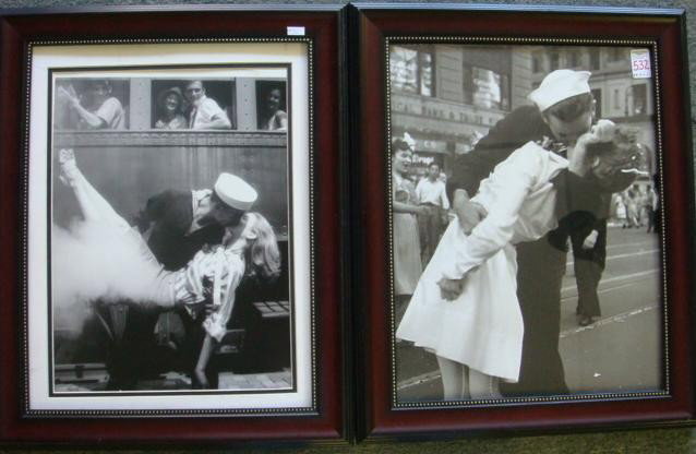 Two Photos of Sailor Kissing Girl Post WWII:: Two Photos of Sailor Kissing Girl Post WWII: Returning Sailors Kissing Girls at Train Station and Times Square. Images are 18" X 14" Framed to 21 1/2" x 17". (100-150)