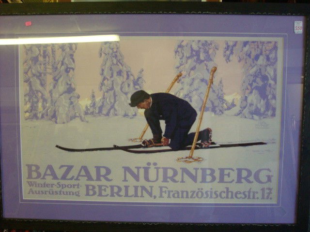 BAZAR NURNBERG Poster Cross Country Skiing: BAZAR NURNBERG Poster Cross Country Skiing: Artist CARL KUNST, The Original was Done in 1912 in Berlin for Sporting Goods Shop. German Artist 1884-1912. Belonged to Munich School Known for Flat use of