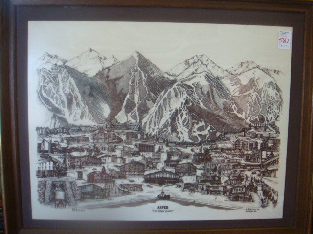 D. BIVENS Marble Engraving of Aspen, CO:: D. BIVENS Marble Engraving of Aspen, CO: Numbered 75-A/0015 Ivory Marble Engraving of City and Mountains with Brown Tones. From the Cities Series. Framed 25 1/4"X 20 1/4". (100-2001)