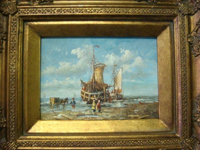 Handpainted Oil on Board Seascape: Handpainted Oil on Board Seascape: Masted Ship Pulling into Shore is 7" X 5". Carved Brushed Bronzed 3" Frame with Swag Corners. (80-100)