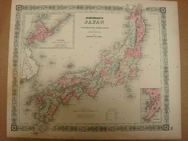 Antique Map JOHNSON'S JAPAN, CA 1870, 14" X 17":: Antique Map JOHNSON'S JAPAN, CA 1870, 14" X 17": 19TH Century Provincial Map of Japan Complied from Siebold Maps and Surveys of US Japan Expedition, Reverse is Chronological History of Great Rebellion