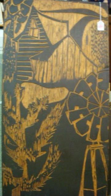 South Western Painted Wood Carving:: South Western Painted Wood Carving: 36"X18". House with Windmill and Cactus with Raised Areas Painted Black. (60-80)