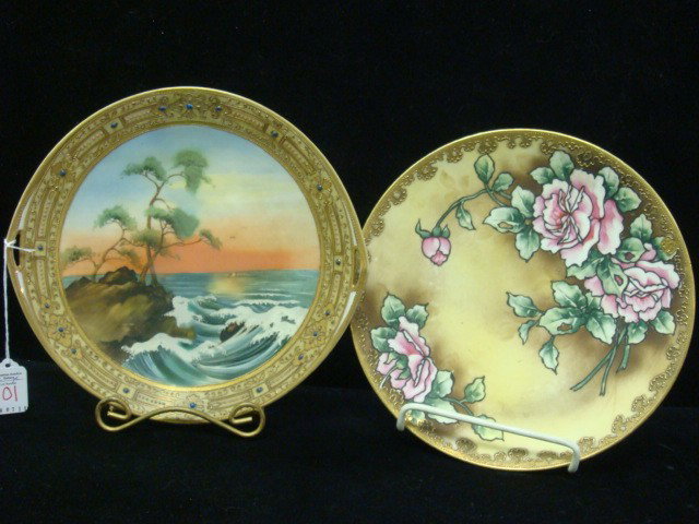 Two Handpainted NIPPON Plates:: Two Handpainted NIPPON Plates: Yellow Ground Plate with Roses Outlined in Black. Blue Maple Leaf Mark. Seascape Plate with Gold Rim and Enameled Beads. Back of Plate has Been Painted and is Peeling. M