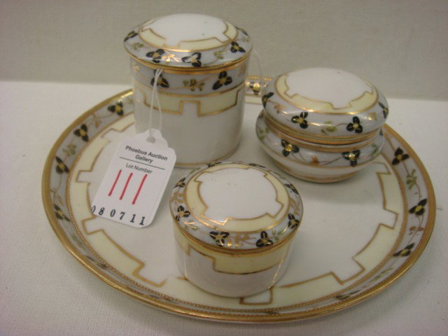 Handpainted NIPPON 4 Piece Dresser/Vanity Set: : Handpainted NIPPON 4 Piece Dresser/Vanity Set: Set Includes 2 3/8", 1 1/2" and 1 1/4"T Jars on 17"D Round Tray. Green M in Wreath Mark. (100-200)