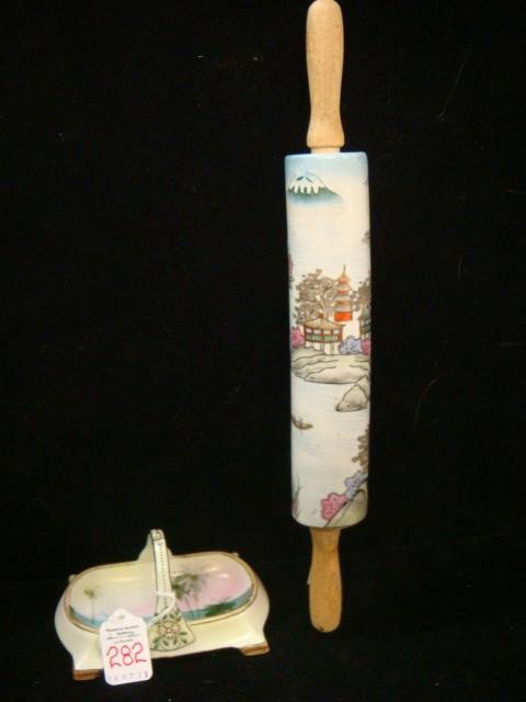 Hand Painted NIPPON Handled Dish, Rolling Pin:: Hand Painted NIPPON Handled Dish, Rolling Pin: Calling Card Dish 5 1/2" Long with Hand Painted Palm Trees and Beading (Crack in Handel) Has Rising Sun Mark. Hand Painted Rolling Pin with Wooden Handle