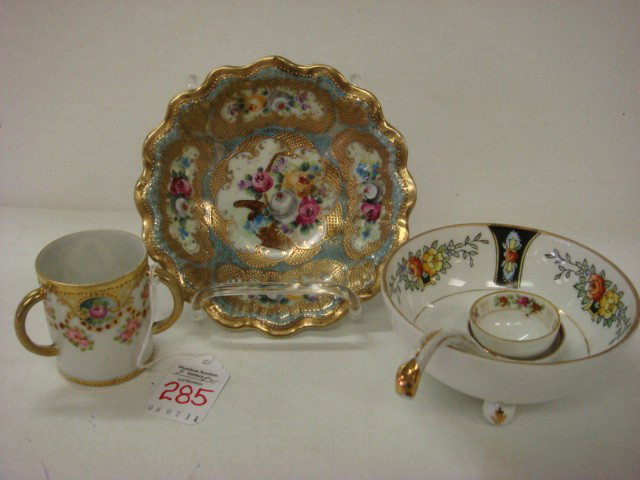 NORITAKE and NIPPON Bowls, Salt, and Cup:: NORITAKE and NIPPON Bowls, Salt, and Cup: NORITAKE Mayonnaise Bowl 4 1/2" D with Ladle, Green M in Wreath. NIPPON Bowl 5 5/8" D with Maple Leaf Mark. NIPPON Footed Salt 1 5/8" D with Magenta M in Wrea
