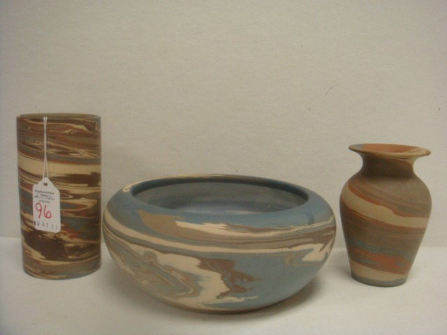Swirled Clay Bowl and Vases, One Marked NILOAK:: Swirled Clay Bowl and Vases, One Marked NILOAK: 3 1/4"T, 8"D Bowl, 4 5/8"T Vase and 5 1/2"T Niloak Cylinder Vase. All in Shades of Cream, Beige, Brown and Blue.