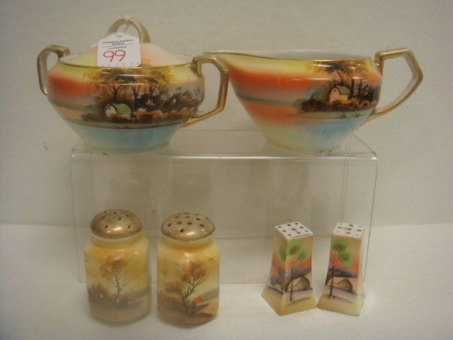 NIPPON Tree in Meadow Sugar, Creamer, Shakers:: NIPPON Tree in Meadow Sugar, Creamer, Shakers: Handpainted Creamer and Sugar are Marked with Red "Handpainted" Over Green Crown and Nippon. Two Sets of Salt and Pepper Shakers are 2 1/4"T and 2 3/4"T 