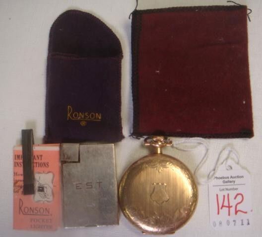 1924 ELGIN Watch and DUNHILL Lighter: 1924 ELGIN Watch and DUNHILL Lighter: Watch is Size 16S, 17 Jewels, Side Winder. Serial #27166483. Engraved Goldtone Montauk Clamshell Case. Dunhill London Silver plated Lighter, Made in Switzerland.