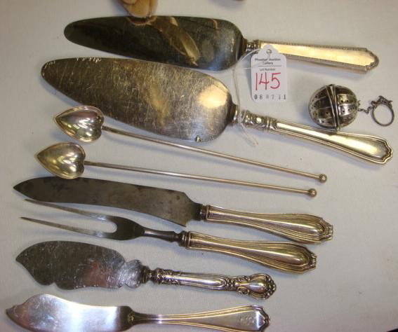 Sterling Handled Servers, Sippers, Tea ball, Knife: Sterling Handled Servers, Sippers, Tea ball, Knife: Sterling Handled Cake and Pie Servers, Poultry Knife and Fork and Fish Knife. Two Sterling Sipper Spoons and Sterling Tea ball on Chain. Reed & Bart