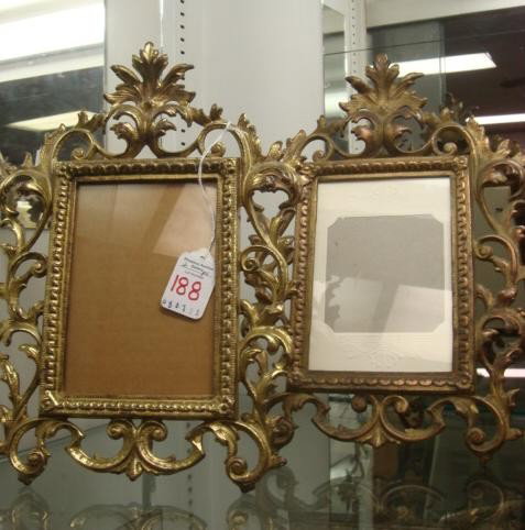 Two Heavy Brass Picture or Mirror Frames:: Two Heavy Brass Picture or Mirror Frames: Matching Frames with 5 1/2" X 4" Opening. Reticulated Acanthus Leaves Resting on Swivel Rear Foot Support.
