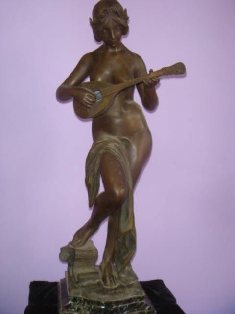 Art Nouveau Statue Signed J. Causse 1869-1914: Art Nouveau Statue Signed J. Causse 1869-1914: "La Musique" Spelter Statue of Nude Maiden Playing Mandolin with Foot Resting on Scroll of Music. CA 1900Tall with 1.5" Marble Base. Ref. Berman Book of
