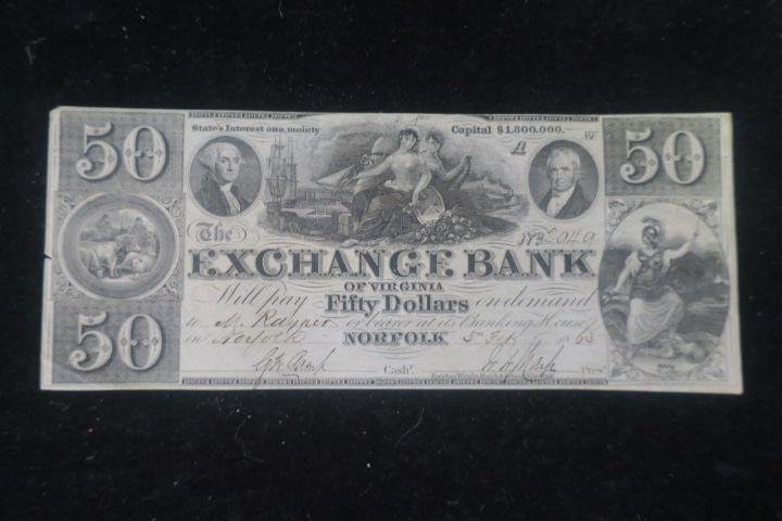 THE EXCHANGE BANK OF VIRGINIA, 50 Dollar Note:: THE EXCHANGE BANK OF VIRGINIA, 50 Dollar Note: Good Looking Note and Design, In About Uncirculated Condition, Dated 5 Feb, 1863. Hand Singed and Numbered. Blank Reverse. (100-300)