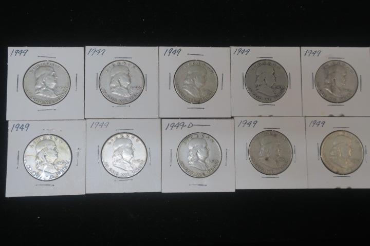 Ten US 1949 FRANKLIN HALF DOLLARS, EF 40 Condition:: Ten US 1949 FRANKLIN HALF DOLLARS, EF 40 Condition: One Denver Mint and Nine Philadelphia Mint. 90% Pure Silver Half Ounce Coins. Average Buying Price $14 Each. Starting Bid $100. (200-400)