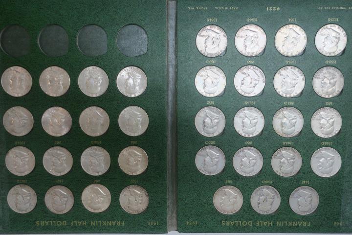 Complete Set of FRANKLIN Half Dollar Coins; 1948-1964:: Complete Set of FRANKLIN Half Dollar Coins; 1948-1964: All 35 Coins by Year and Mint. Average VF 40 Condition. 90% Pure Silver Half Ounce Coins. In Green Whitman Folder. ` Average Buying Price $14. St