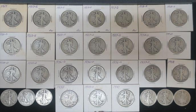 Thirty US WALKING LIBERTY HALF DOLLARS, VG 8 Condition: Thirty US WALKING LIBERTY HALF DOLLARS, VG 8 Condition 1917, 4 X 1917S REVERSE MINT MARK, 2 X 1918S, 1920S, 2 X 1923s. 90% Pure Silver Half Ounce Coins. Average Buying Price $25 Each. Starting Bid $20