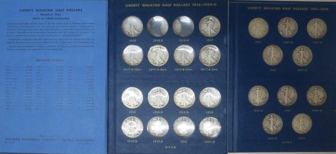 Fifty US WALKING LIBERTY HALF DOLLAR Coins; 1917-1947:: Fifty US WALKING LIBERTY HALF DOLLAR Coins; 1917-1947: In Two Blue Whitman Folders, VG 8- F 12 Condition. 90% Pure Silver Half Ounce Coins. Average Buying Price $18 Each. Starting Bid $700.00. (1400-2