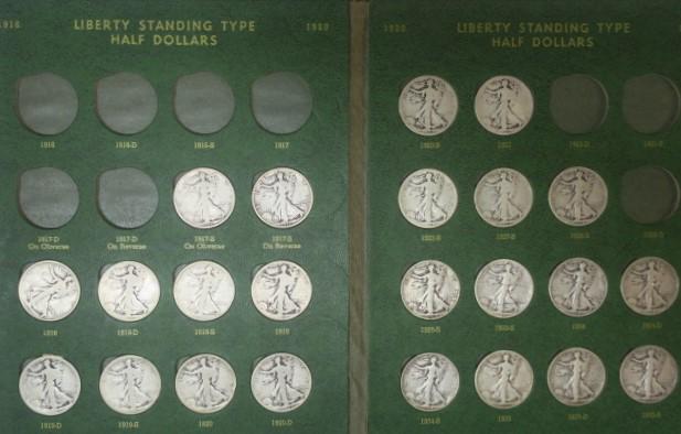Fifty Five US WALKING LIBERTY HALF DOLLAR; 1917-1947:: Fifty Five US WALKING LIBERTY HALF DOLLAR; 1917-1947: Coins in Green Whitman Folder, VG 8- F 12 Condition. 90% Pure Silver Half Ounce Coins. Average Buying Price $18 Each. Starting Bid $700.00. (1400-