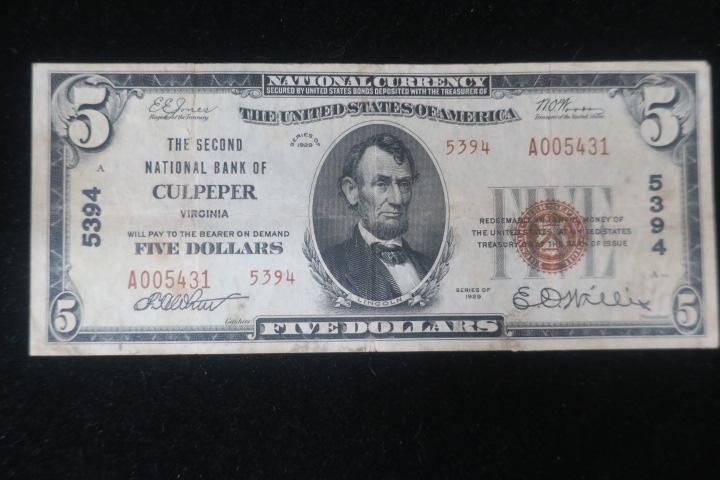 National Currency, SECOND NATIONAL BANK CULPEPER, $5:: National Currency, SECOND NATIONAL BANK CULPEPER, $5: Five Dollar Note, Series of 1929, Very Fine Condition. Third Charter Period, Virginia National Currency. (200-300)