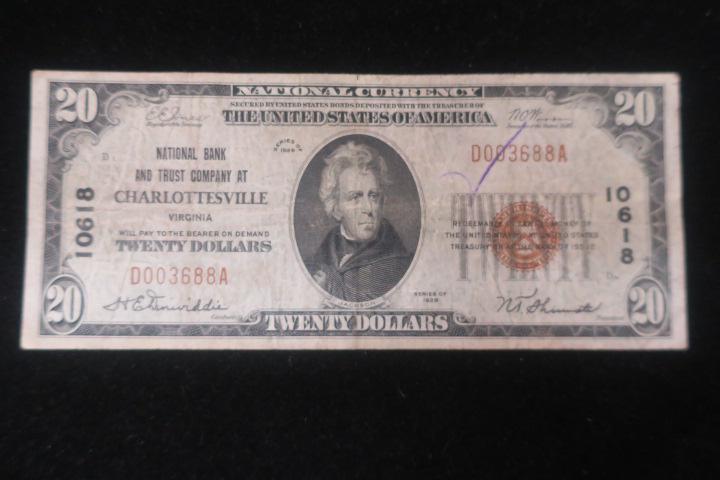 National Currency, BANK & TRUST CO CHARLOTTESVILLE:: National Currency, BANK & TRUST CO CHARLOTTESVILLE: Twenty Dollar Note, Series of 1929, Fine Condition. Third Charter Period, Virginia Bank National Currency. (100-200)
