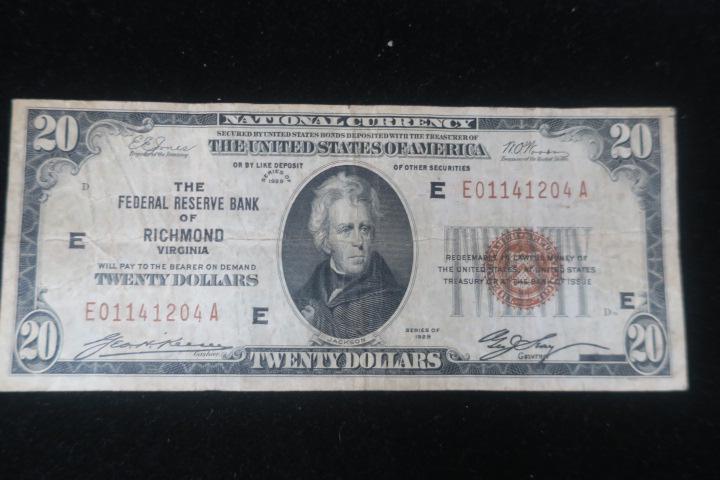 National Currency, FEDERAL RESERVE OF RICHMOND, $20:: National Currency, FEDERAL RESERVE OF RICHMOND, $20: Twenty Dollar Note, Series of 1929, Fine Condition. Third Charter Period, Virginia Bank National Currency. (100-200)