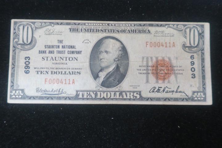 National Currency, STAUNTON NATIONAL BANK AND TRUST:: National Currency, STAUNTON NATIONAL BANK AND TRUST: Ten Dollar Note, Series of 1929, Fine Condition. Third Charter Period, Virginia Bank National Currency. (100-200)