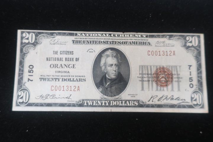 National Currency, CITIZENS NATL BANK OF ORANGE, $20:: National Currency, CITIZENS NATL BANK OF ORANGE, $20: Twenty Dollar Note, Series of 1929, In Choice Uncirculated Condition. Very Clean Note. Third Charter Period, Virginia Bank National Currency. (200