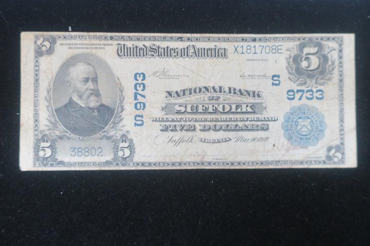 National Currency, NATIONAL BANK OF SUFFOLK, $5:: National Currency, NATIONAL BANK OF SUFFOLK, $5: Five Dollar Note, Series of 1902, Fine Condition. Pretty Note with Ben Harrison on Obverse and Pilgrims Landing at Plymouth Rock on Reverse. Third Char