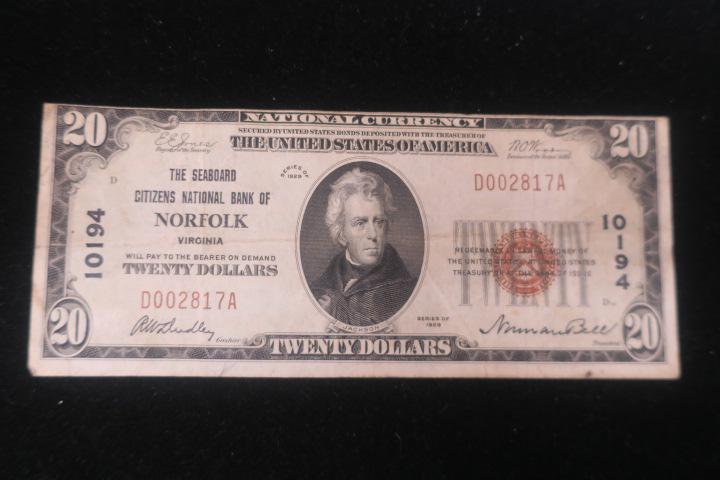 National Currency, SEABOARD CITIZENS NB OF NORFOLK,$5:: National Currency, SEABOARD CITIZENS NB OF NORFOLK,$5: Five Dollar Note, Series of 1929, Very Fine Condition. Third Charter Period, Virginia Bank National Currency. (100-200)