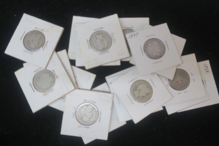 Nineteen BARBER or LIBERTY HEAD QUARTERS, Circulated:: Nineteen BARBER or LIBERTY HEAD QUARTERS, Circulated: 1892-1916, 90 % Pure Silver Coins .25 Ounces Each. Average Condition Good. Average Buying Price $15 Each. Melt Value $85.50, Starting bid $150 (30