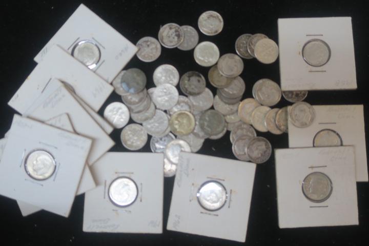 Sixty-One ROOSEVELT DIMES:: Sixty-One ROOSEVELT DIMES: 1946-1964, 90 % Pure Silver Coins .1 Ounces Each. Average Condition Fine to Very Fine. Average Buying Price $3.00 Each. Melt Value $122.00, Starting bid $80.00 (160-350)