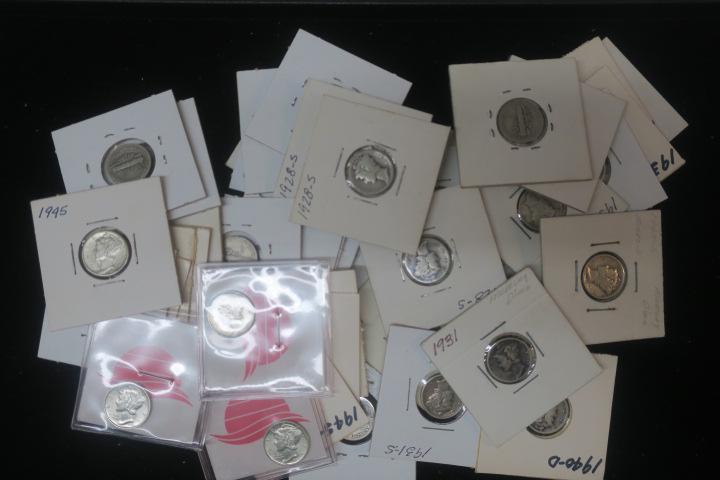 Forty Silver MERCURY DIMES, Circulated Condition:: Forty Silver MERCURY DIMES, Circulated Condition: 1916-1945, 90 % Pure Silver Coins .1 Ounces Each. Average Condition Fine to Uncirculated MS 63. Average Buying Price $5.00 Each. Melt Value $72.00, St