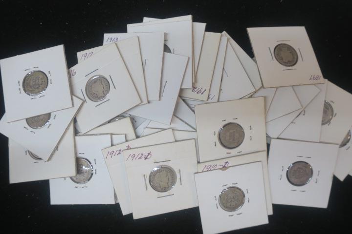 Thirty-Six BARBER or LIBERTY HEAD DIMES, Circulated:: Thirty-Six BARBER or LIBERTY HEAD DIMES, Circulated: 1892-1916, 90 % Pure Silver Coins .1 Ounces Each. Average Condition Good to Fine Condition. Average Buying Price $10.00 Each. Melt Value $64.00, St